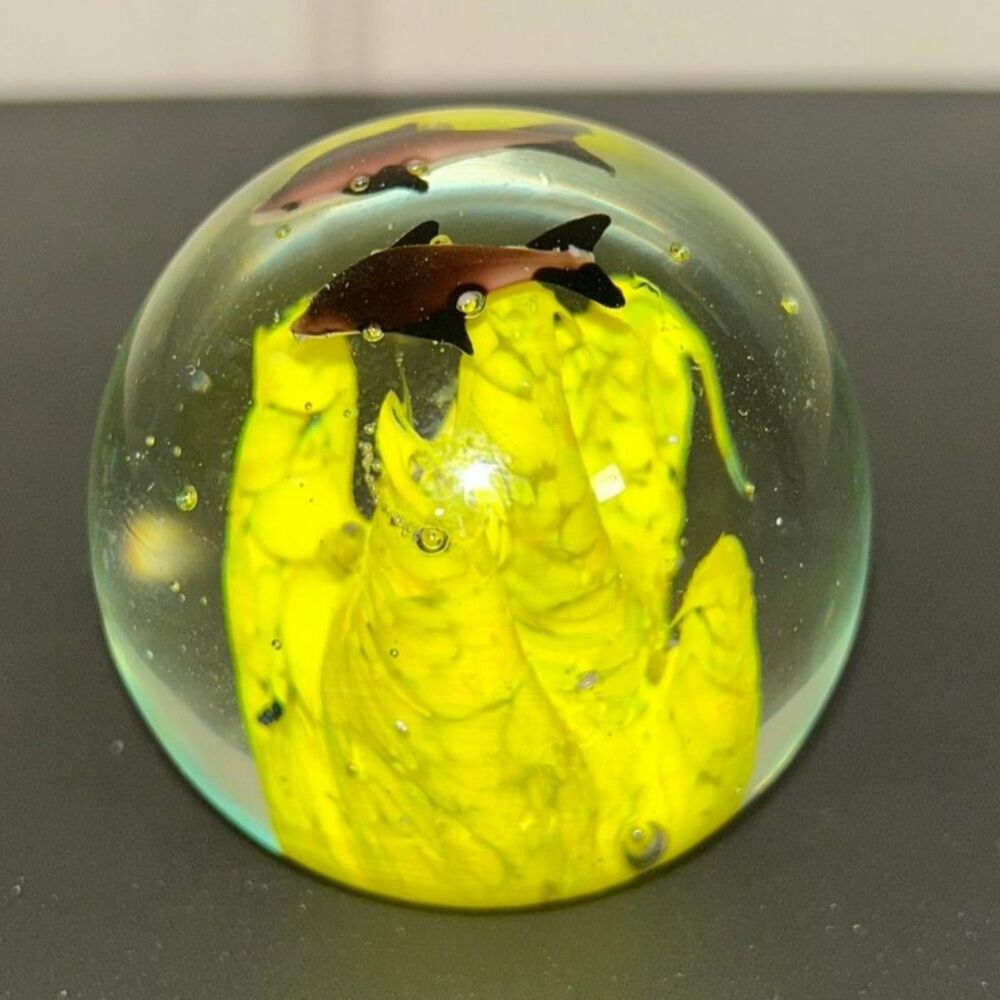 VTG Blown Art Glass Ocean Coral Reef Dolphin Paperweight Yellow & Brown